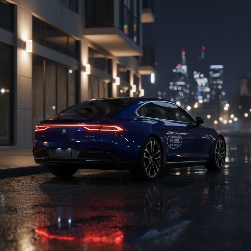 A high-end, midnight-blue sedan parked in front of a modern urban building with subtle architectural lighting, captured at night. The car’s glossy surface reflects nearby streetlights and the faint glow of a city skyline in the distance, while a small, tasteful magnetic sign on the rear door reads “Dee Homeboy’s Bail Bonds – Fast In. Fast Out.” in clean typography. The pavement is slightly wet, creating elegant reflections and depth. Dramatic, cinematic lighting from overhead streetlamps and building sconces adds contrast and sophistication. Shot from a low, three-quarter rear angle with a wide aperture, the car in crisp focus and the background softly blurred, evoking discretion, speed, and professionalism in a photographic realism style.